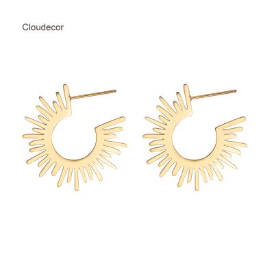 China 2021 Trendy Hoop Earrings Gold Plated Stainless Designer Real Gold Plated Sun C Shape Steel Jewelry Women Earrings for sale