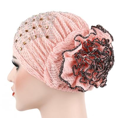 China 2019 fashion popular rhinestone hat muslim most turbans pearl beaded turbans for women turkishy arabic flower turbans hat for women for sale