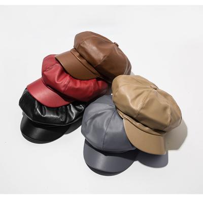 China Plush women's leather trim autumn and winter painter's pu beret hat British octagonal lady's retro beret hat hats for sale