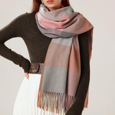 China Winter Sale New Design European American Warm Loose Shawl Double Face Cashmere Nepal Winter Plaid Tassel Scarves for sale