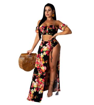 China 2021 Best Selling Anti-wrinkle Women's Summer Vacation Printing Style Brest Wrap Slit Skirt for sale