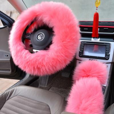 China Universal Car Anti-Skid Increased Safety Real Sheepskin Fur Fuzzy Steering Wheel Cover Set Fluffy Red-pink Warm Furry For Women Girl for sale