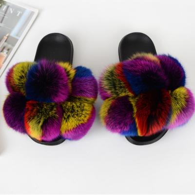 China Fashion Trend Sale Whole Raccoon Fur Sandals Girls Fashion Genuine Fur Slides Women Pompom Fur Fluffy Slippers for sale