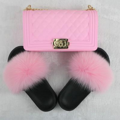 China Wholesale Hot Selling Fashion Trend Real Amazon Mink Women Kids Women Fur Sandals Slides Raccoon Fox Fur Slippers With Fur Purse Set for sale