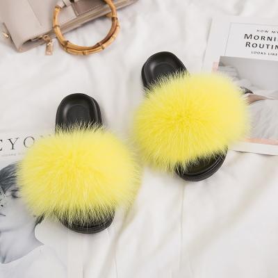 China Fashion Trend Women Summer Beach Solid Color Custom Made Solid Color Raccoon or Fox Fur Flat Fluffy Slippers for sale