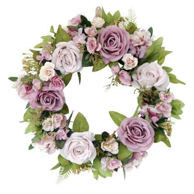 China Beautiful New Style Colorful Artificial Fabric Rose Flower Garland Faux Spring Hanging Floral Wreath For Front Door Home Decoration for sale