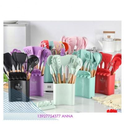 China Good Quality Stocked 12Pcs Multicolor Silicone Kitchen Plastic Wooden Utensils Set Baking For Home for sale