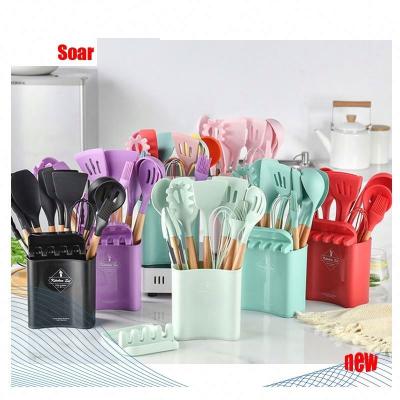 China Good Quality Stocked 12Pcs Multicolor Silicone Kitchen Plastic Wooden Utensils Set Baking For Home for sale