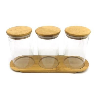 China Wholesale eco-friendly borosilicate food container with bamboo lid high quality 3 pieces set glass jar with bamboo lid for sale