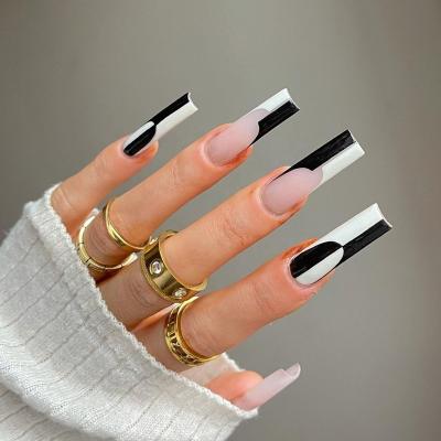 China Easy Apply Long Black And White French Ballet False Nails Nail Patch 24 Pieces Pressed On Nails for sale