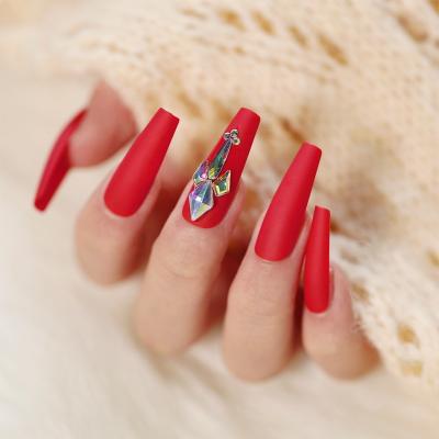 China Easy Apply Red 3D Nails Art With Diamond Decorate Long Ballet Full Cover Fashion Fake Nails for sale