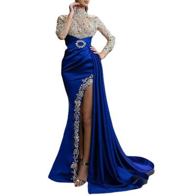 China AIXI 2021 Anti-Static Blue Beaded High Sleeve Evening Dress Long Slit Maxi Party Prom Dresses for sale