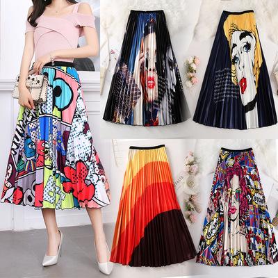 China AIXI Anti-Static Elastic Waist Long Casual Skirts For Women Printed A-line Pleated Skirt for sale