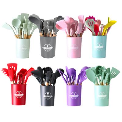 China Wood Skimmer Sustainable Reusable Adaptive Non-Stick Cooking Spatula Tools Pink Camping 12 Pcs Silicone Kitchen Utensil Set for sale