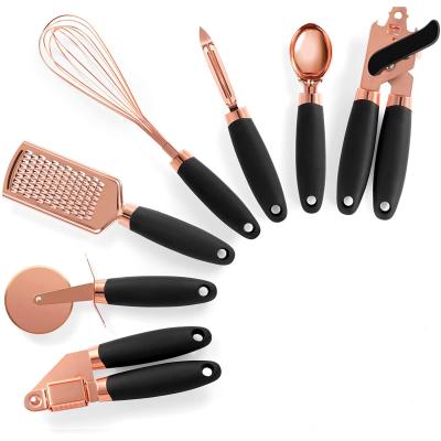 China Stocked 7 Pcs Heavy Duty Non Stick Silicone Handle Stainless Steel Accessories Cooking Tools Kitchen Utensils Colorful Baking Set for sale