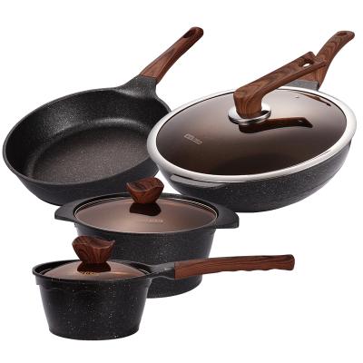 China Amazon Sustainable Wood Handle Stainless Steel Black Induction Kitchen Forged Aluminum Cooking Pot Pan Camping 7 Pcs Non Stick Cookware Set for sale