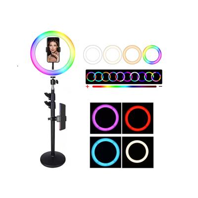 China New Arrival PORTABLE Custom Dimmable Photography Lighting RGB Ring Light With Round Phone Light Stand for sale