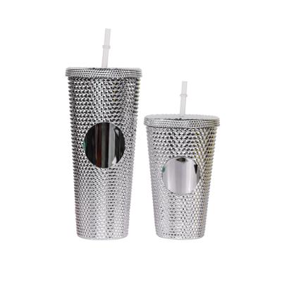 China Christmas Gift DIY Coffee Plastic Studded Tumbler 24oz Available Wall Viable Double Mug With Straw Lid for sale