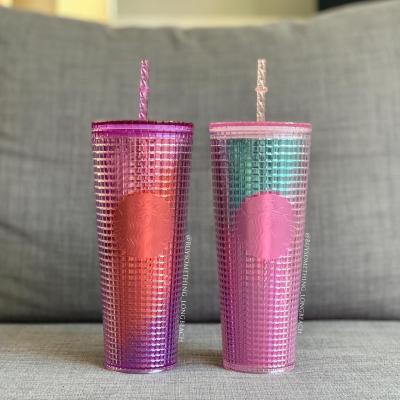 China 2021 New Viable Colorful Double Wall Plastic Grid Tumbler With Lid And Straw Plastic Studded Grid Coffee Tumbler for sale