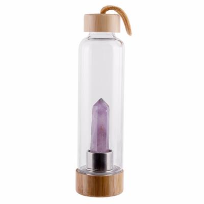 China High Quality Stocked Bamboo Crystal Stone Gemstone Infused Water Bottle Crystal Elixir Bottles Borosilicate Glass Water Bottle for sale