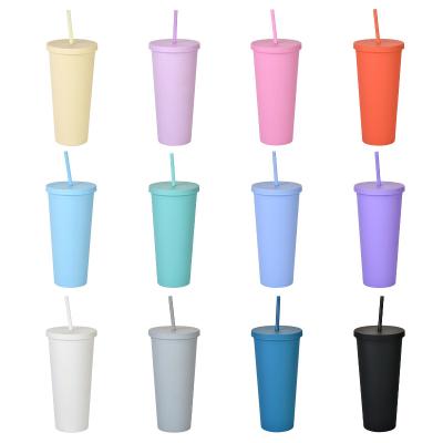 China 2021 Amazon Sustainable Hot Sale 700ml Double Wall Tumblers Muti Color Plastic Cup With Straw for sale