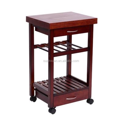 China Pine Wood Wooden Kitchen Cart With Two Drawer And Wine Rack for sale