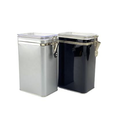 China Coffee Clear Lid Tin Box With Clasp Coffee Tin Can Air Tight Metal Coffee Bean Canister for sale