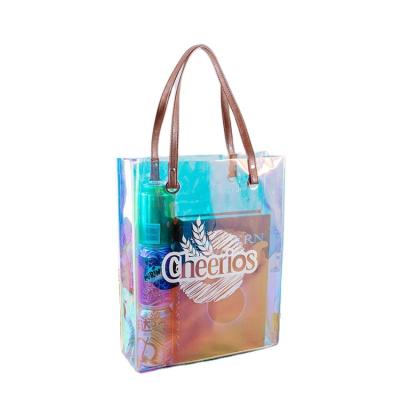 China Recyclable Pvc Shopping Bag Transparent Clear Holographic Tote Bag Custom Logo Laser for sale