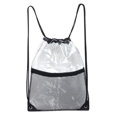 China Handled Clear Drawstring Backpack Shoulder Pvc Drawstring Bag with Front Zipper Mesh Pocket for sale