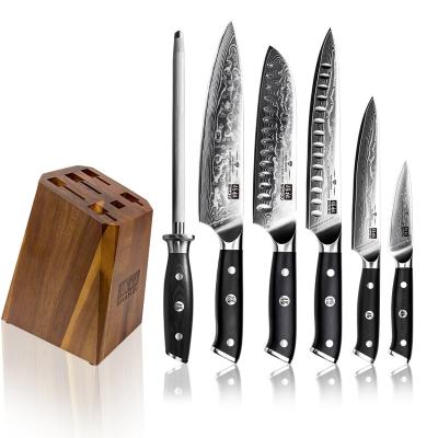 China Viable Yangjiang Slicing Tool Laser Pattern Steel Kitchen Knife Set With Wooden Block 7pcs Damascus Steel Santoku Chefs Knife for sale