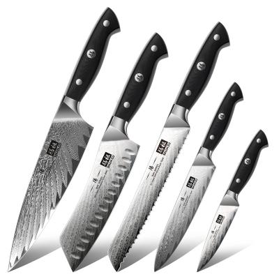 China Sustainable SHAN ZU 5pcs Damascus Kitchen Meat Bowl Cutter Set Japanese Damascus Steel Cleaver Boning Sushi Serving Cooking Knives for sale