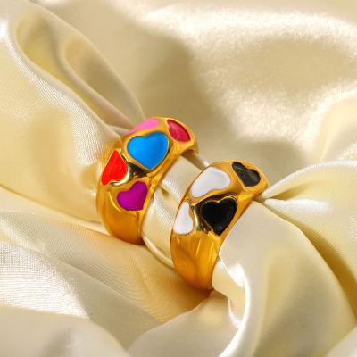 China Modern JKC 18K Gold Plated Thick Enamel Ring Stainless Steel Heart Shaped Black And White Color Ring For Girls for sale