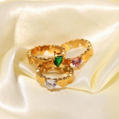 China Popular Modern JKC 18K Plating Gold Heart Shaped Zircon Ring Stainless Steel Pink Green Heart Ring For Girl for sale