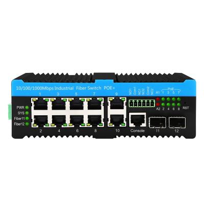 China 10/100/1000Mbps Managed Industrial POE Fiber Switch 2 Fiber 10 RJ45 Gigabit Network Switch for sale