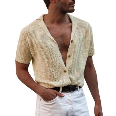 China Anti-Wrinkle Casual Men's Shirt Ice Cream Button Cardigan Turn-Down Collar Silk Short Sleeve Sweater for sale