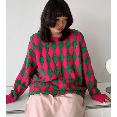 China Hot Selling Anti-Wrinkle Crew Round Loose Long Sleeve Houndstooth Graphic Girls Design Knitted Sweater for sale