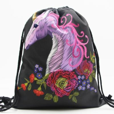 China Durable Custom Logo Printed Cartoon Unicorn School Backpack Black Kids Drawstring Bag for sale