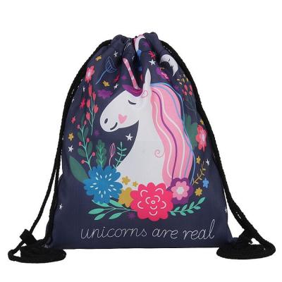 China Custom Made Durable Cheap Polyester Logo Sport Nylon Drawstring Gift Sublimation Waterproof Drawstring Bag Unicorn Kids Drawstring Bag for sale