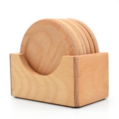 China Stocked Round 6pcs Wholesale Drink Coasters Natural Wood Coaster Set With Stand for sale