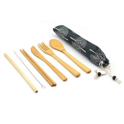 China 100% Organic Sustainable Straw Spoon Fork Knife Teaspoon Bamboo Chopsticks Sweep Reusable Bamboo Cutlery Set With Case for sale