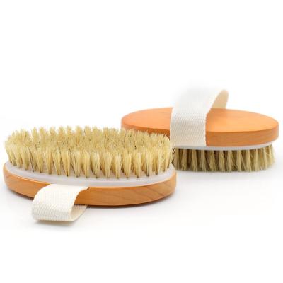 China All Natural Ellipse Wooden Bathroom Body Scrub Brush Body Exfoliating Skin Brush With Anti Skid Belt for sale