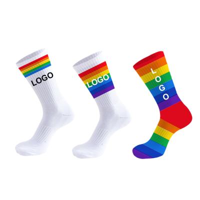 China Custom Colorful Striped Cozy Crew Jacquard Rainbow Logo Socks QUICK DRY Cotton With Logo Unisex for sale