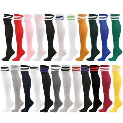 China Autumn Winter Solid Color Stripes Long Stocking Girls Cotton Sporty Knee High Women Socks for sale