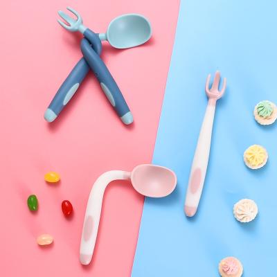 China 100% Sustainable Food Grade Premium Learning Eating Fork Bendable Silicone Baby Spoon And Fork Feeding Spoon Set for sale