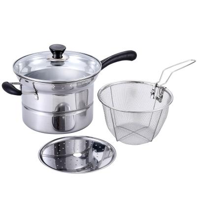 China Sustainable Premium Kitchen 410 Stainless Steel Noodle Cooking Pot 3 Pieces Set Multifunctional Silver Noodle Pots for sale