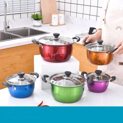 China Sustainable Kitchen 201 5 Piece Color Double Handle Bakelite Stainless Steel Soup Pot Set With Glass Lid Serving for sale