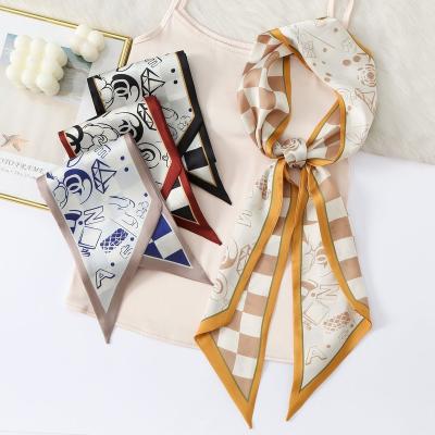 China New Fashion Scarf Long Silk Checkerboard Double Sided Printed Hair Binding Band for sale