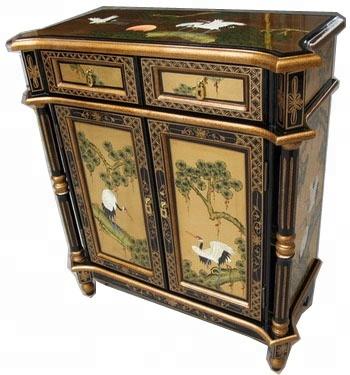 China Living Room Cabinet Gold Crane Pine Lacquer Oriental Art Furniture Home Chest Cabinet for sale