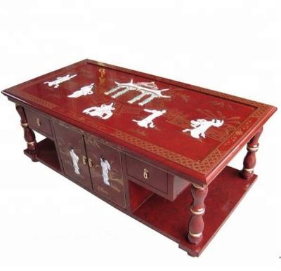 China Oriental Antique Classic Chinese Coffee Table Solid Wood Chinoiserie Furniture High Gloss Red Mother of Pearl Lacquer for sale