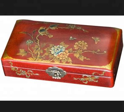 China Antique Leather Red Wooden Bird Hand Painted Art Flower Lacquer Oriental Jewelry Box for sale